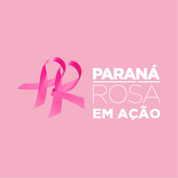 "PR" em fita rosa com a Logo "paraná Rosa em ação"